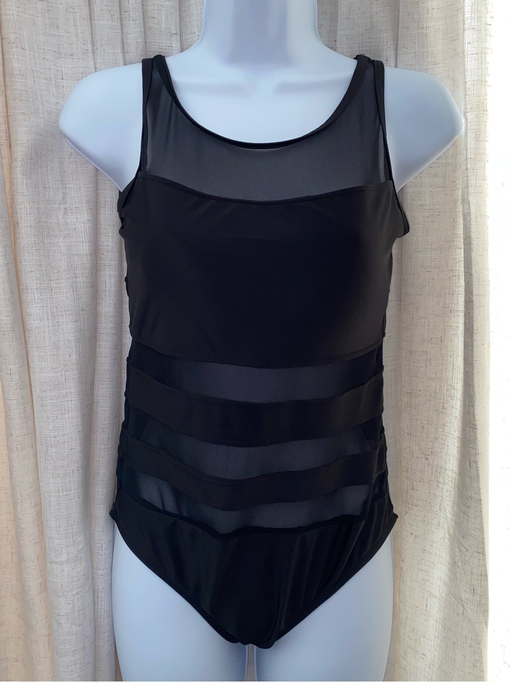 Black One-Piece Swimsuit with Mesh Striped Detailing - Size XL (Runs Small)